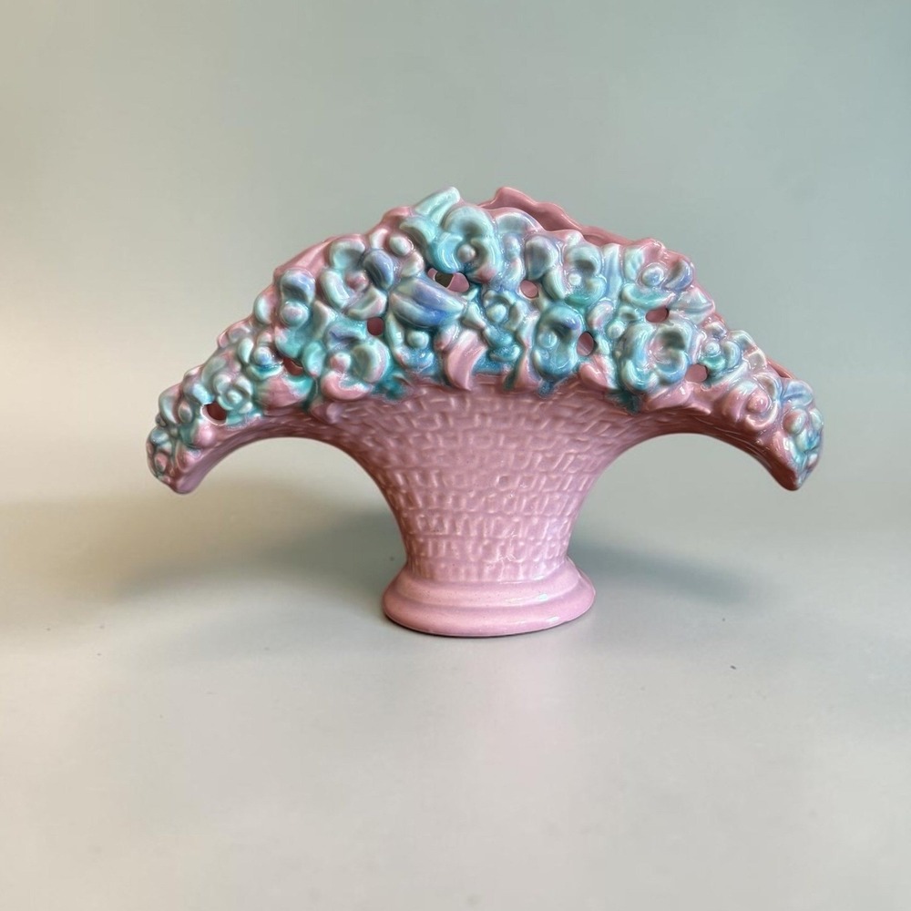 Vintage Royal Haeger‎ Hickman Art Pottery Pink Flower Basket Vase USA